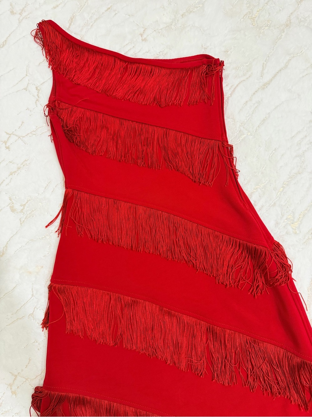 Red One-Shoulder Fringe Dress - Picture 2 of 3